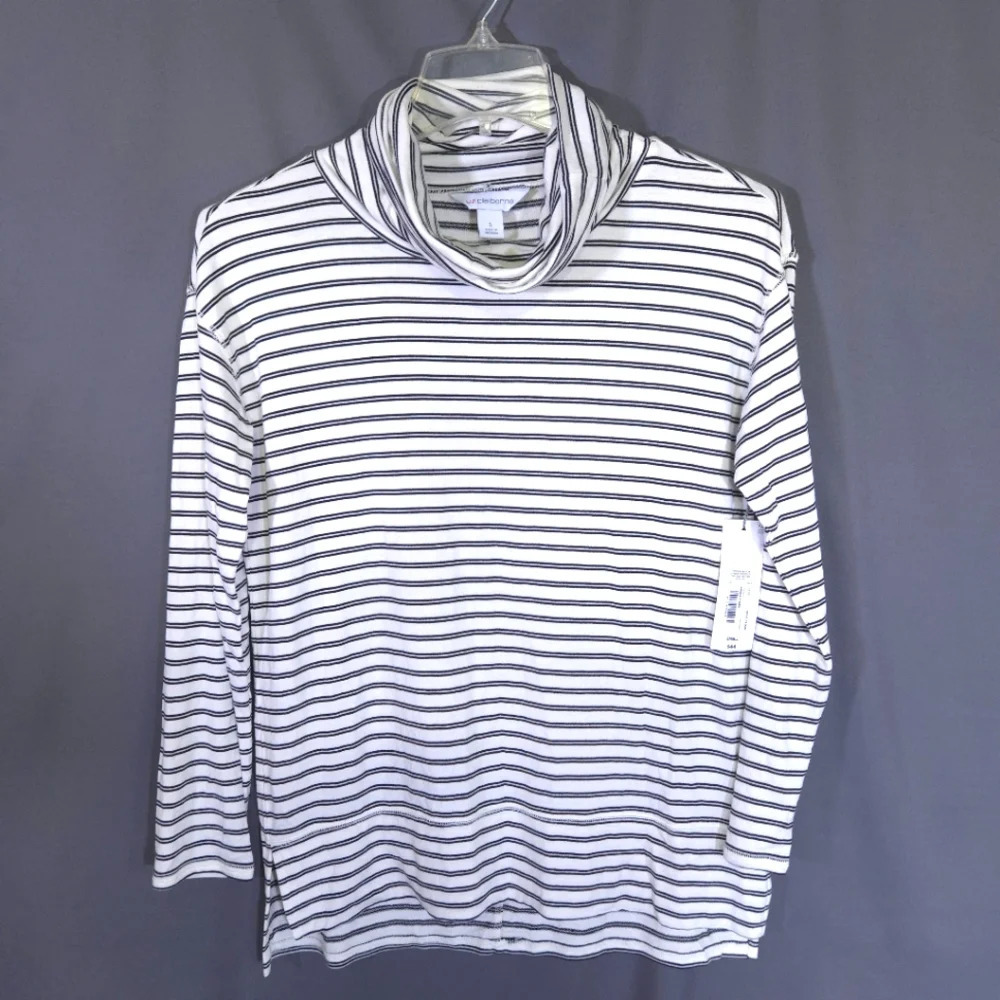 NWT Liz Claiborne Crema Stripe Mock Neck Top Womens Size Small‎ Minimal Capsule